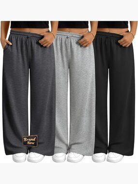 3 Pack Plus Size Wide Leg Sweatpants Elastic High Waist Baggy Joggers with